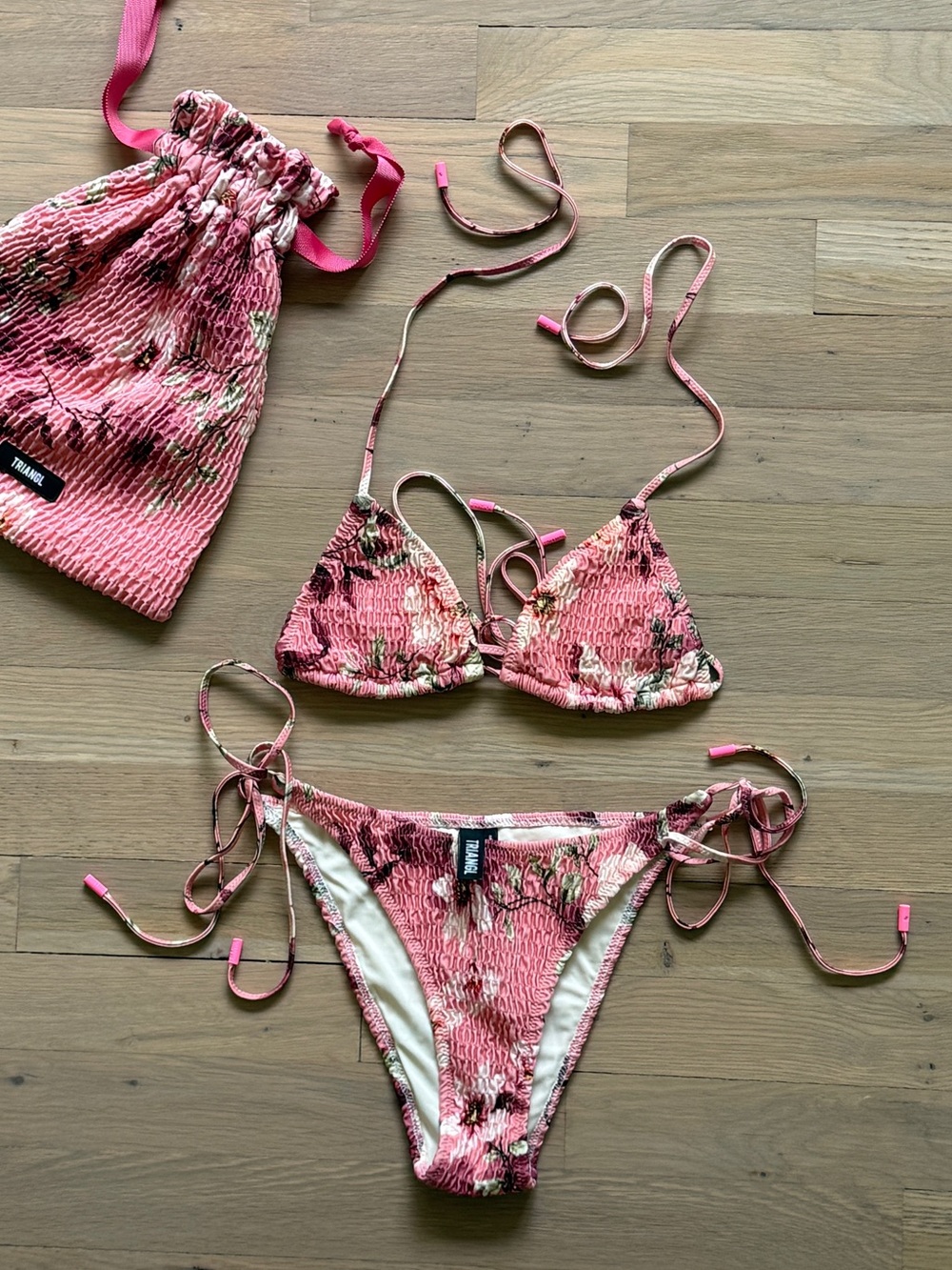 Triangl Swim Pink Floral Smocked Bikini Set with Drawstring Pouch / Size Medium